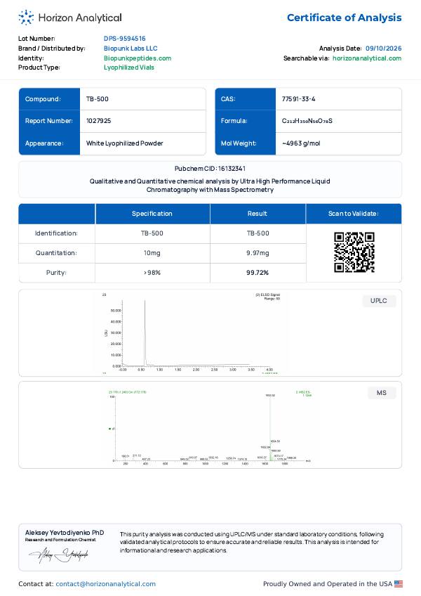 First page of the purity report for lot DPS-9594516