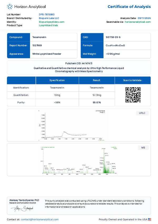 First page of the purity report for lot DPS-7815980